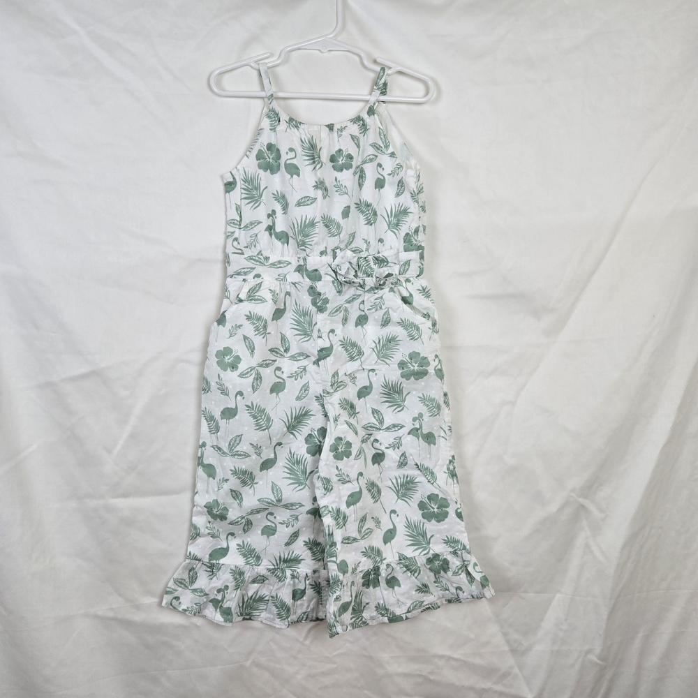 Janie & Jack White Green Palm Paradise Flamingo Print Ruffle Hem Light Romper 4